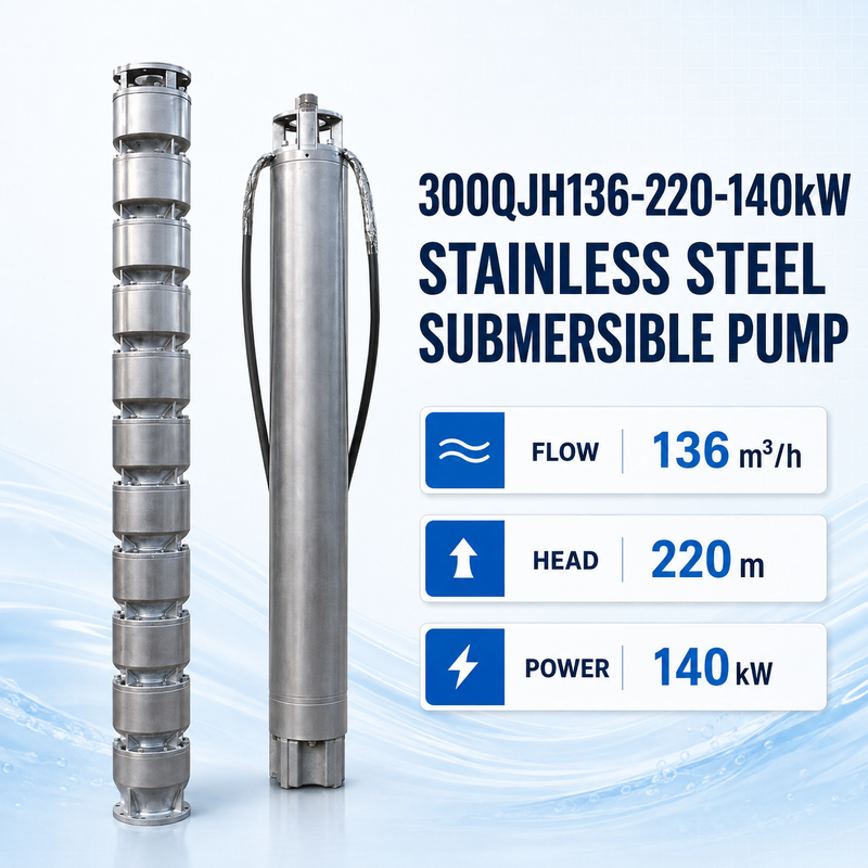 Bomba sumergible de acero inoxidable de 140 kW con 220 m de altura y 136 m³/h de caudal para aplicaciones en pozos profundos